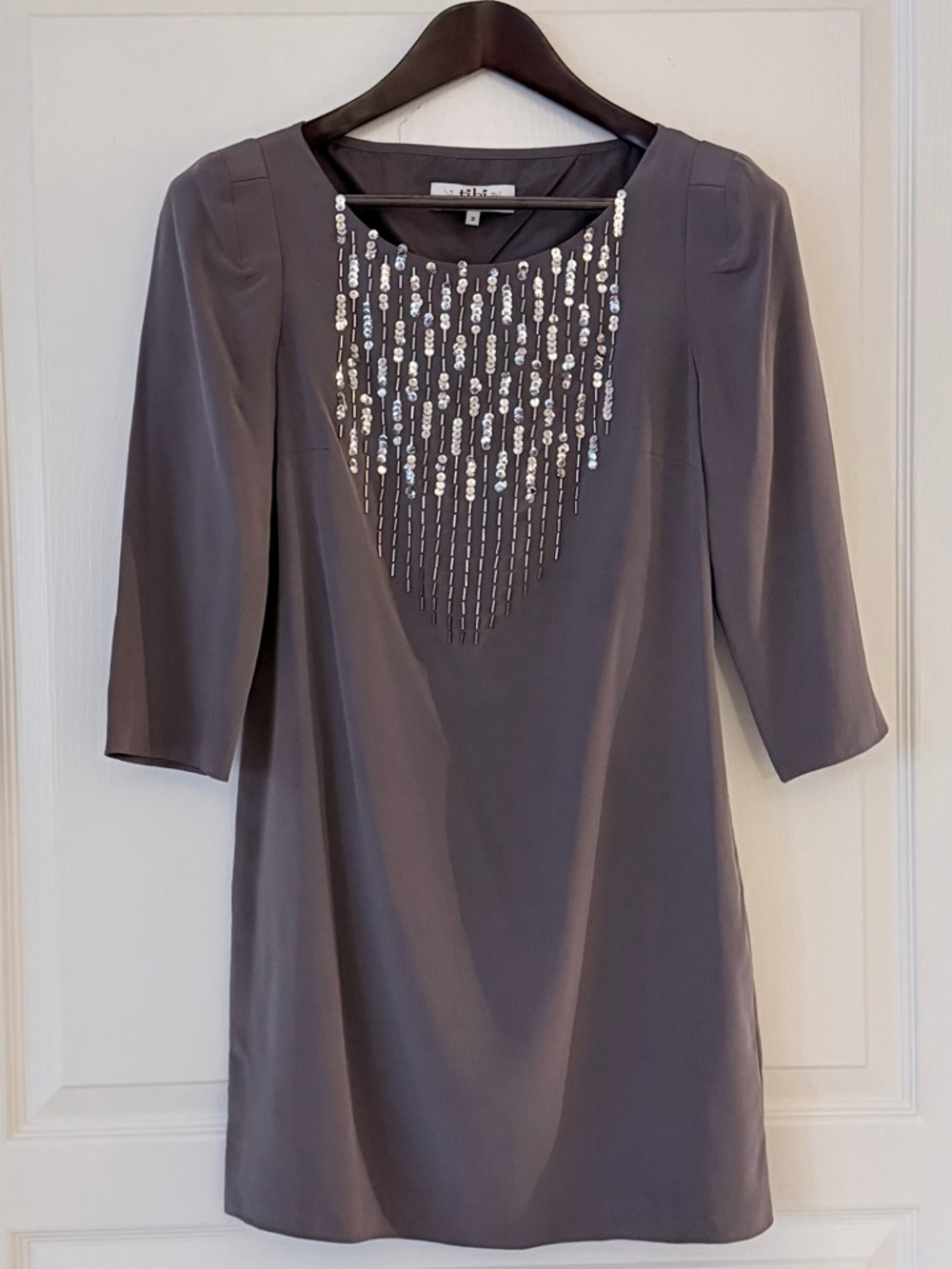 Tibi Gray Beaded Scoop-Neck Silk Tunic